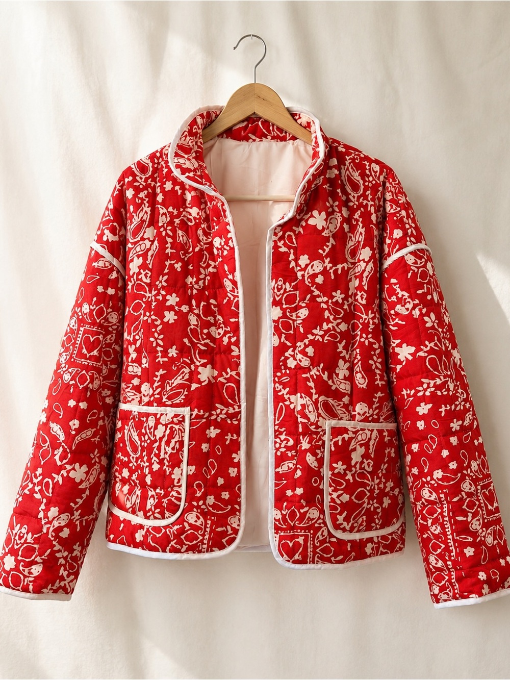 SHEIN Red Quilted Bandana-Print Puffer Jacket